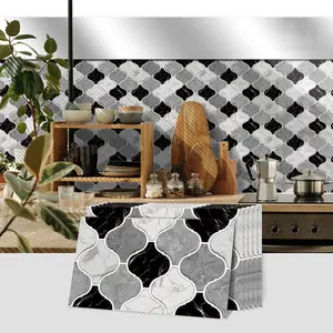 6/12/24/48PCS FG Retro Tile Stickers | PVC Crystal Film Black White Gray Marble Moroccan Pattern | Rectangle Peel & Stick Backsplash | Self-Adhesive Waterproof Oil-Proof for Kitchen Bathroom Floor Tile Wooden Surface Home Decor
