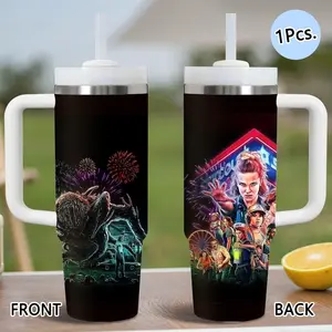 Netflix S-Stranger Things Vacuum Flasks 40oz Stainless Steel Tumbler with Handle & Straw, Vacuum Insulated Travel Mug Keeps Drinks Cold Up to 34 Hours, Leak-Resistant Cup for Iced Coffee, Water, Office, Gym or Travel