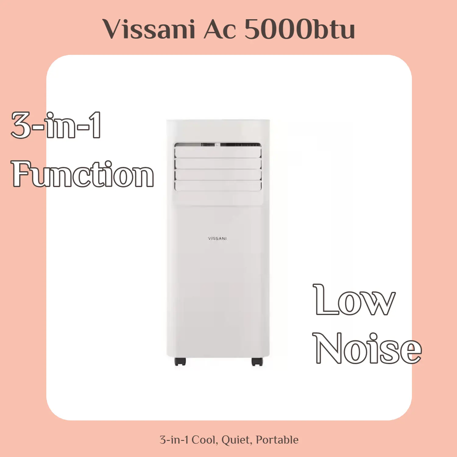 Vissani Quiet Portable AC - 5000 BTU 3-in-1 Unit (Cooler, Dehumidifier, Fan) for Small Spaces, Compact Look, Remote Control, 24H Timer, Cools Up to 150 Sq Ft, Easy Installation, White, Like New