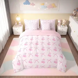 7 Pieces Cartoon Bowknot Kids Comforter Set,Pink Bow Tie Butterfly Knot Princess Bedding Set,Cherry Bow Patchwork Romantic（Comforter+Fitted+Flat Sheet+2 Pillowcases+2 Throw Pillow Covers）
