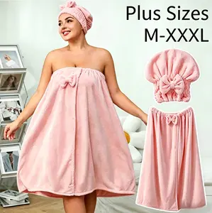 Plus Size Bath Skirt & Shower Cap Set, 2 Pcs Adjustable Thickened Coral Fleece Spa Wrap & Quick-Dry Cap, Soft & Absorbent Bathrobe for Home, Travel & Sauna