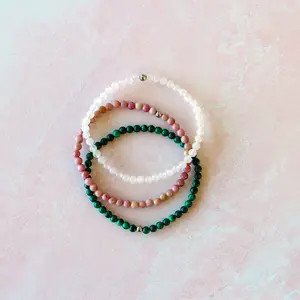 Dainty Attract Love Crystal Bracelet Set Malachite Rose Quartz Rhodonite 4mm Beads for Adults Manifest Love Jewelry