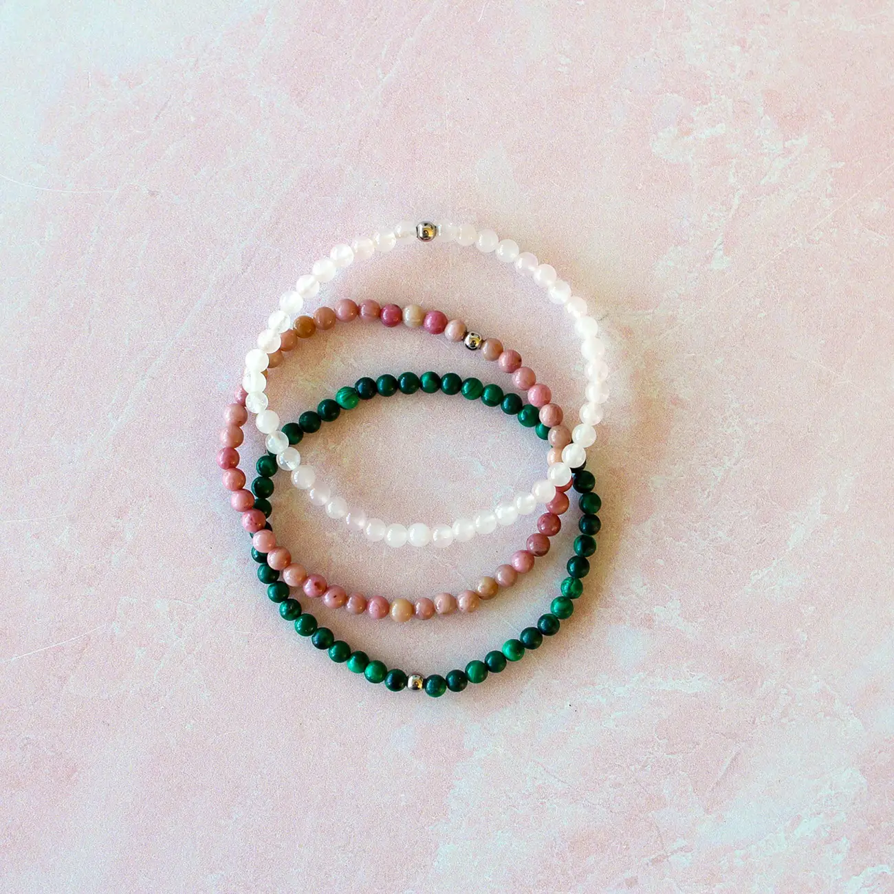 Dainty Attract Love Crystal Bracelet Set Malachite Rose Quartz Rhodonite 4mm Beads for Adults Manifest Love Jewelry