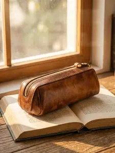 First Layer Cowhide Wallet Pen Bag Travel Portable Large Capacity Storage Bag, Vintage Genuine Leather Lipstick Makeup Bag, Pencil Bag