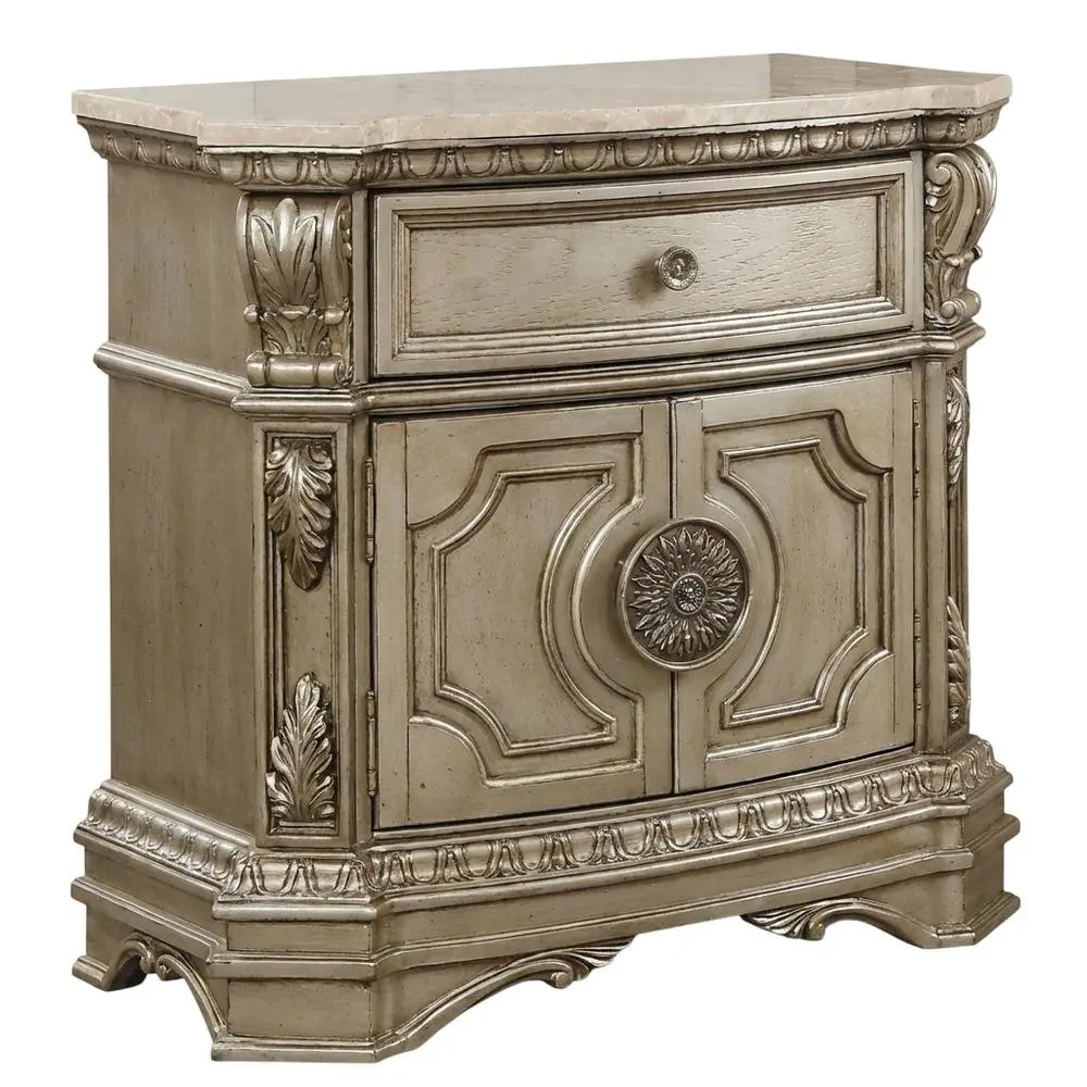 Antique Silver Nightstand with Marble Top for Bedroom Decor