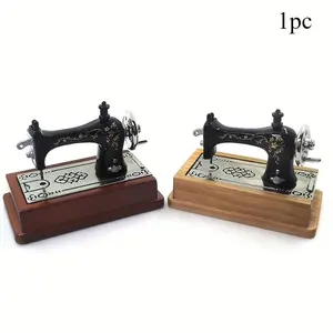 Mini Antique Sewing Machine Decor Vintage Home Decor with Floral Design Wooden Metal Craft for DIY Miniature Home Scene Photography, Perfect Collector Gift, Statue Ornaments
