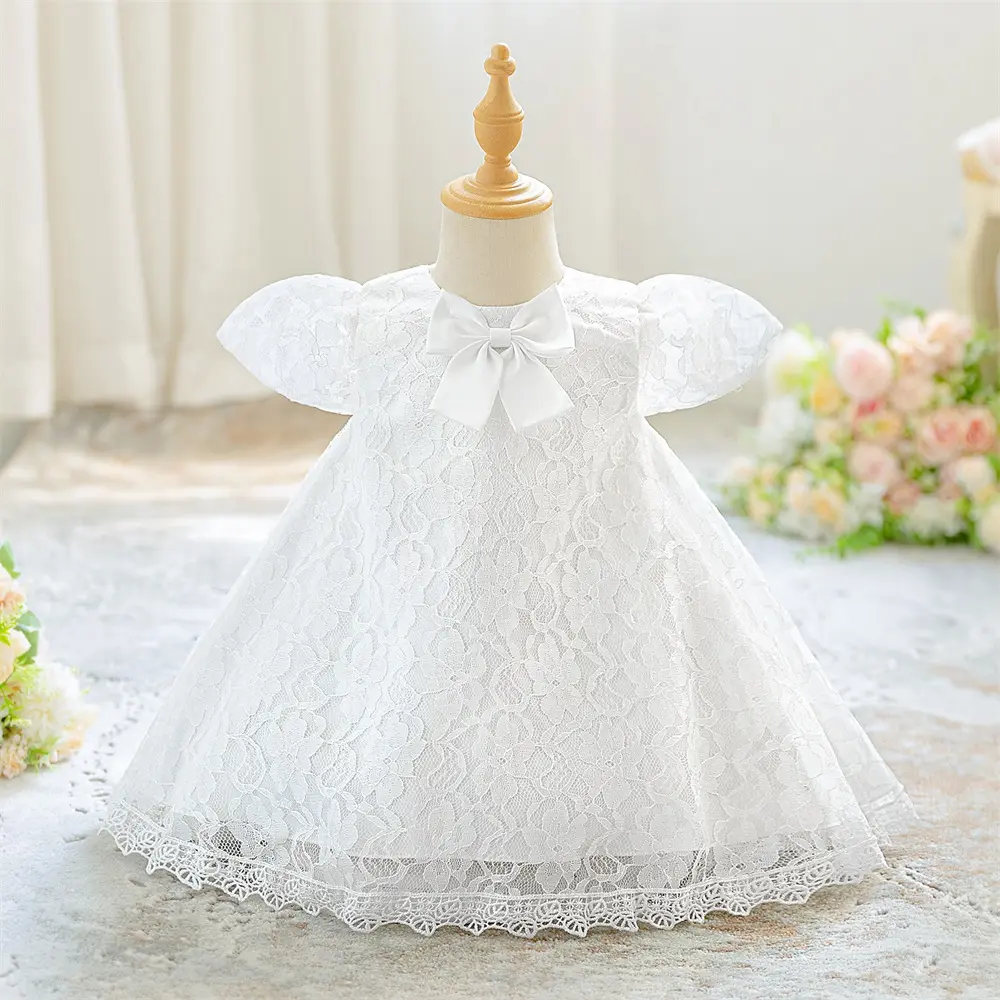 0-2Y White 3091 Anniversary Baby Girls Clothes Infant Birthday Flying Sleeves Bow Lace Cocktail Dress Toddler Pageant Newborn Ball Gown Princess Baptism Frock
