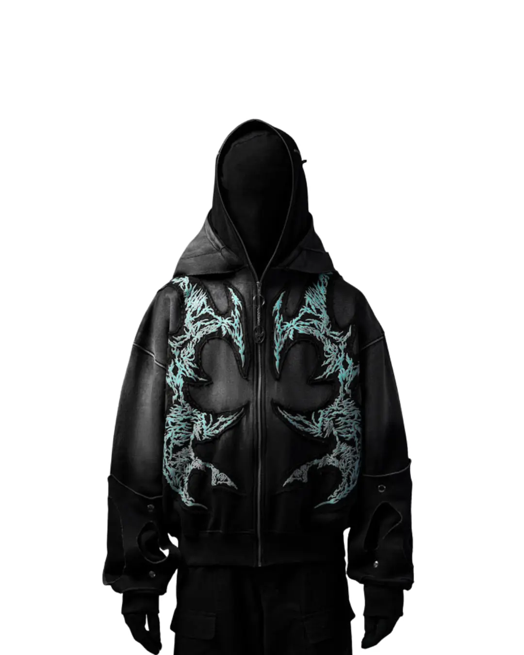 Project Spectre Zip-Up Hoodie - Black with Blue Flame Design Adjustable Hood for Customizable Fit and Stylish Look