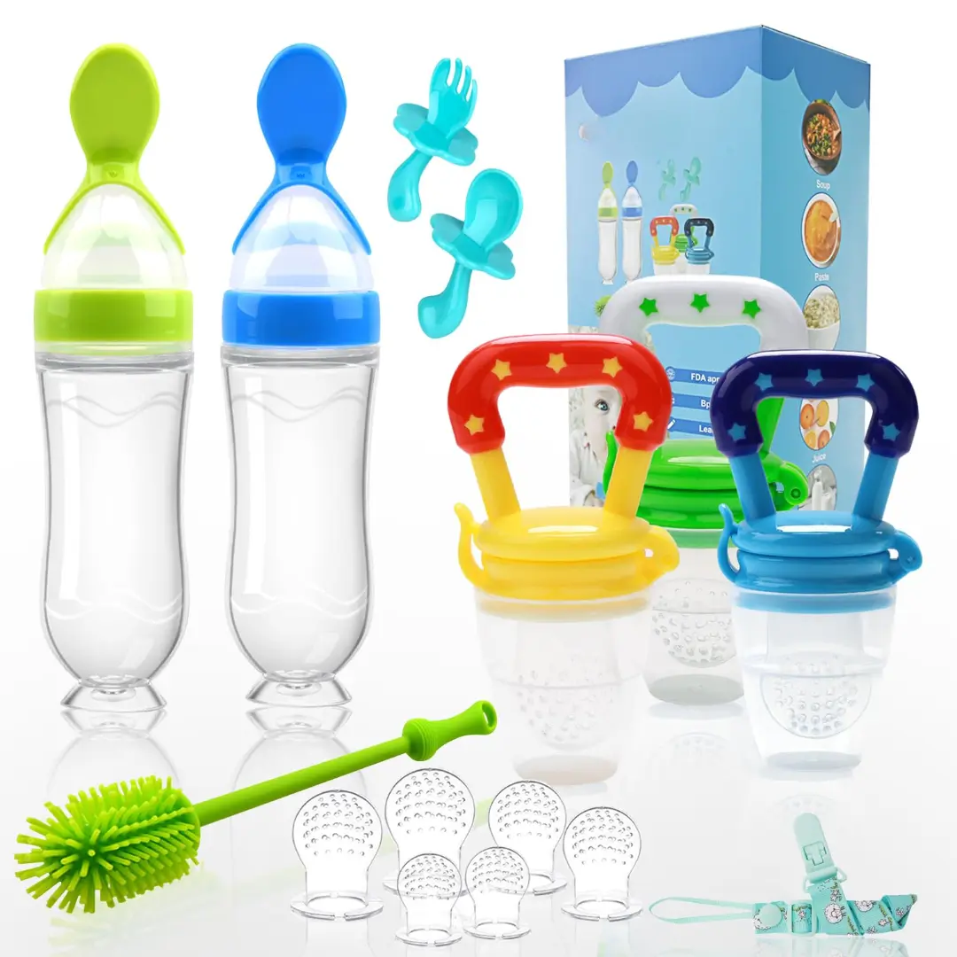 Food Feeder Baby Fruit Feeder Pacifier 3 Pcs with 6 Different Sized Silicone Pacifiers 2 PCS Silicone Baby Food Dispensing Spoon 90ML with 2 Baby Spoons Silicone Bottle Brush Pacifier Clip