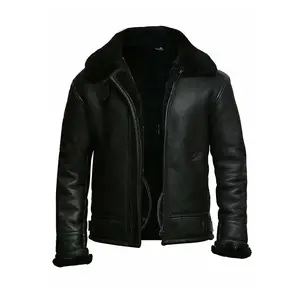 Men's Black Shearling Sheepskin Bomber Jacket by Hide Crafts
