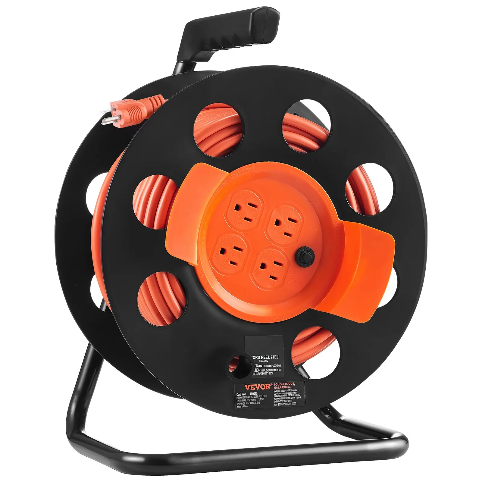 100FT Cord Reel, 4 Outlets, Dust Cover, 12AWG, Manual, UL;  100FT Heavy Duty Cord Reel, Portable CB, Garage Ready