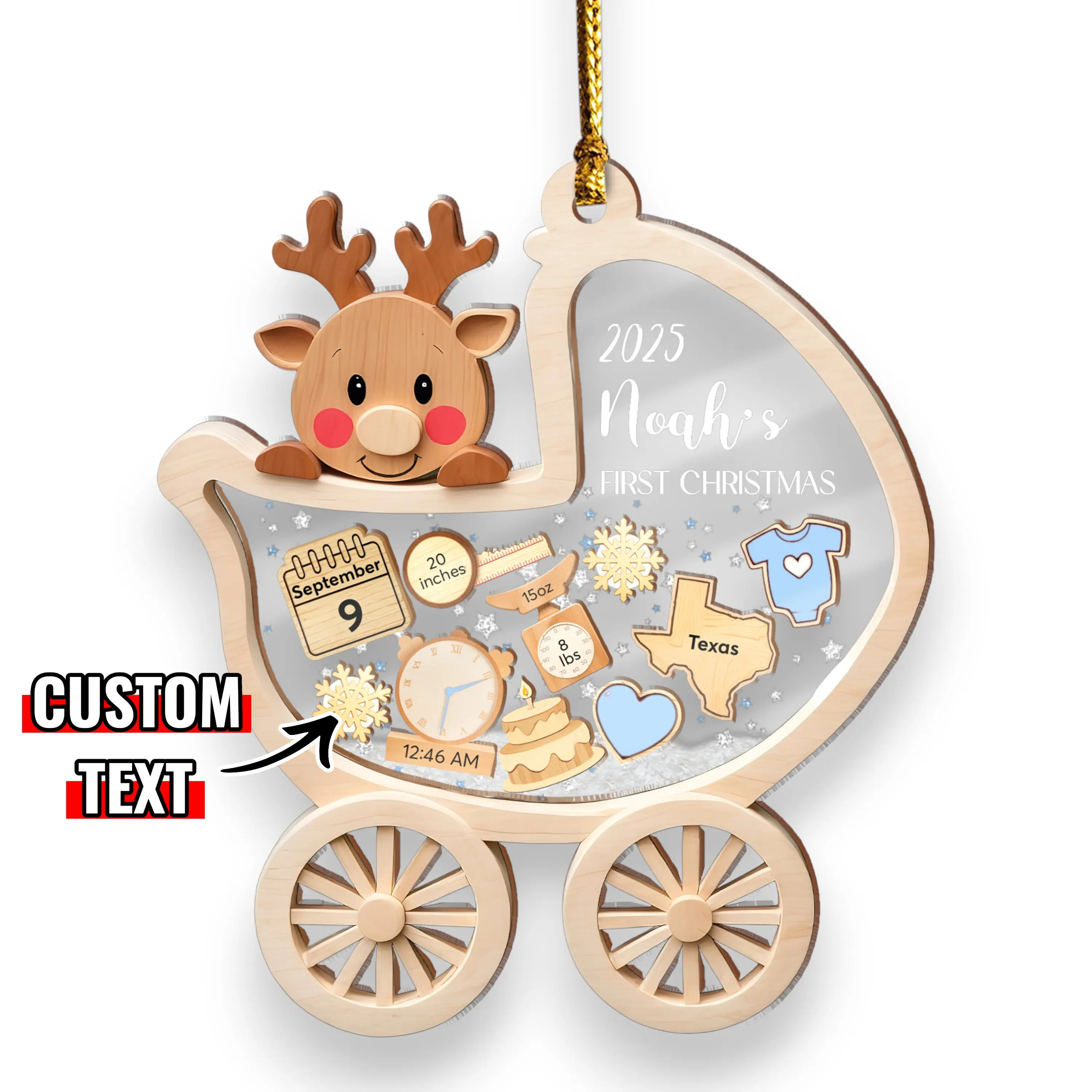 Personalized Baby's First Christmas Ornament 2025 Custom Baby Boy Girl First Christmas Bauble Newborn Gift 4D Shake Ornament for Babies with Custom Text and Teddy Bear Design