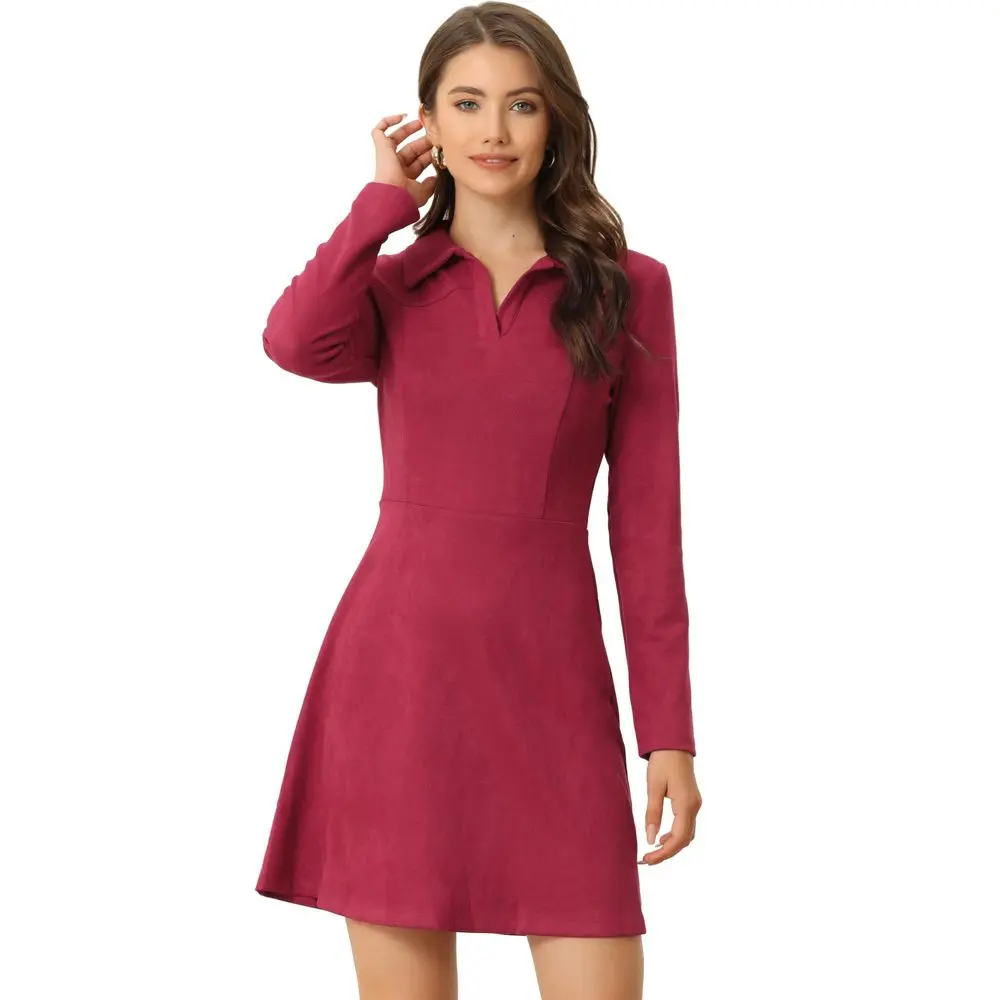 INSPIRE CHIC Women's Regular Fit Faux Suede Lapel Neck Long Sleeve Elegant A-Line Mini Dress Dark Red X-Large