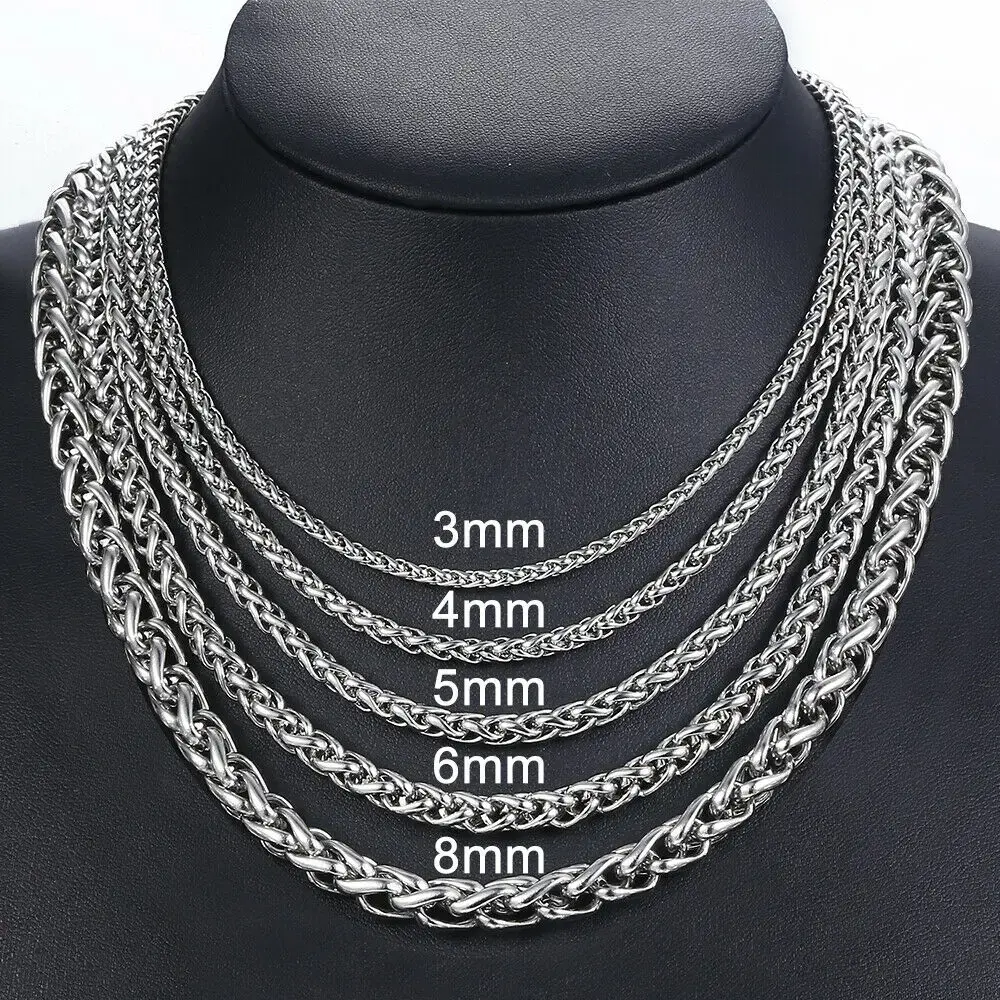 3/4/5/6/8mm Braided Wheat Link Chain For Men Women Stainless Steel Necklace Hip Hop Jewelry 18-24inch 3/4/5/6/8mm Braided Wheat Link Chain For Men Women Stainless Steel Necklace Hip Hop Jewelry 18-24inch