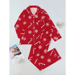 Women's Christmas Print Pajama Set, Long Sleeve Lapel Design, Soft Breathable Fabric, Holiday Casual Wear, Winter Home