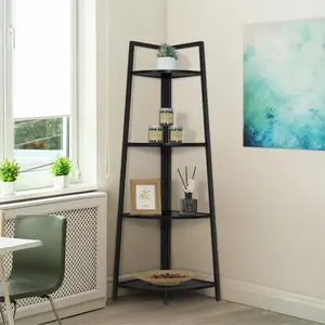CAPHAUS Tall Corner Shelf Stand, 4-Tier Display Shelves, Ladder Corner Wood Storage Plant Bookshelf with Metal Frame, Versatile Shelving Unit Bookcase for Home Office Space, Black