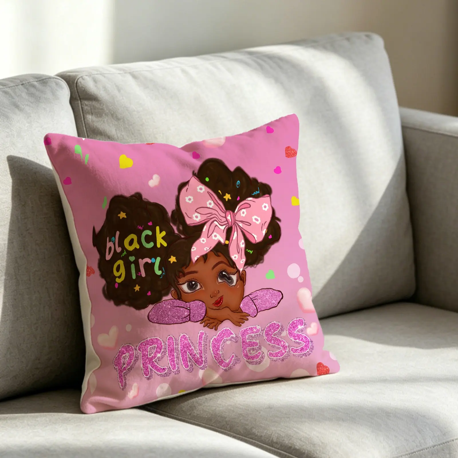 1 Black Girl Princess Throw Pillow, Cute Cartoon Themed Pink Decorative Cushion, Soft and Comfortable, With a Hidden Zipper, Perfect for Decorating Girls' Bedrooms or Living Room Sofas, an Ideal Gift for Girls