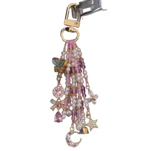 Pink Purple Butterfly Tassel Beaded Phone Strap Keychain Pendant Bag CCD Camera Charm, Niche Design