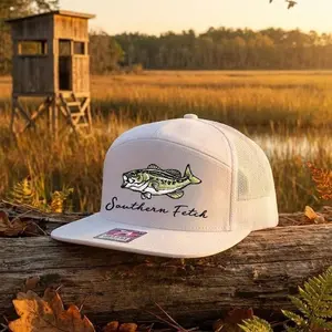 Largemouth Bass 7 Panel Brackish/White Bottomland Mossy Oak Camo Snapback, Embroidered Hat, Cotton Mesh Back