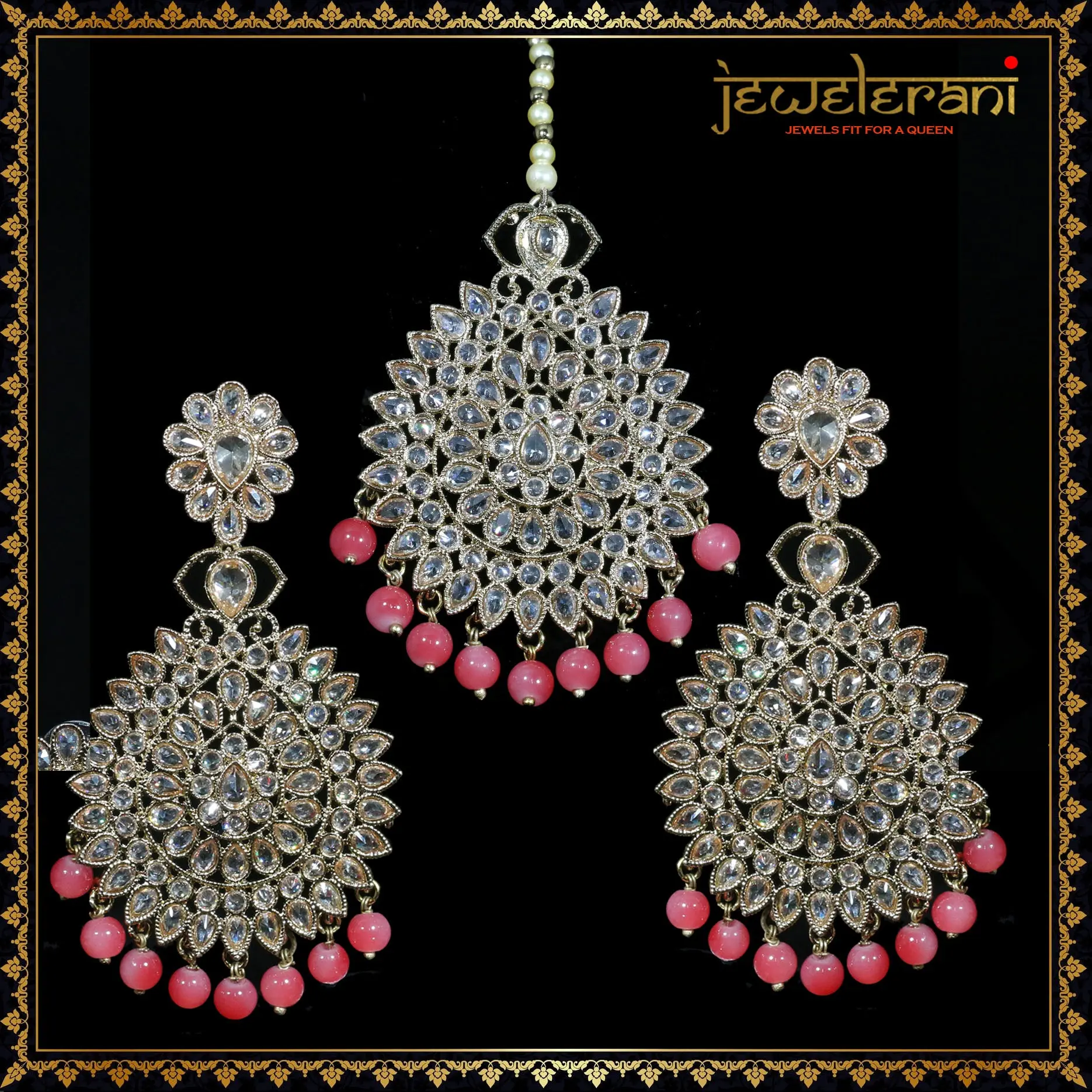 Kalyan Earrings & Tikka Set - Pink