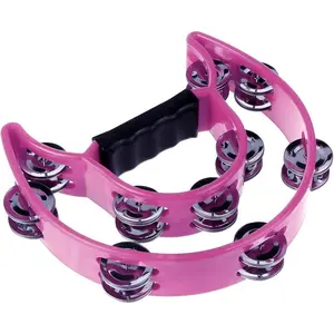 Half Moon Tambourine Double Row Metal Jingles Handheld Percussion Drum Multicolor Pink with Ergonomic Handle