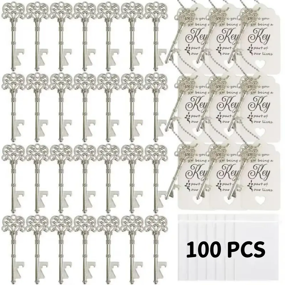 100 PCS Vintage Skeleton Key Bottle Opener, Silver Rustic Wedding Favors, Premium Key Opener with Tags, Chains & Organza Bags, Stylish Party Decor, Ideal for Bridal Shower, Wedding Reception Guest Souvenirs & Anniversary Gifts