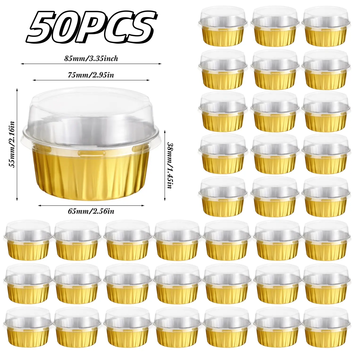 50-Piece 5oz Sturdy Gold Aluminum Foil Cake Cups with Lids - Reusable Oven-Safe Bakeware Utensils, Slightly Waterproof Mini Bake Dishes Molds for Faster Heating, Holiday Wedding Parties & Colleagues Gatherings Ramekins