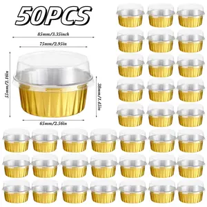50 Pieces 5oz Mini Disposable Ramekins Baking Cups with Lids, Mini Cake Pans Aluminum Foil Baking Cups with Lids for Wedding Party Birthday Catering Gathering, Gold
