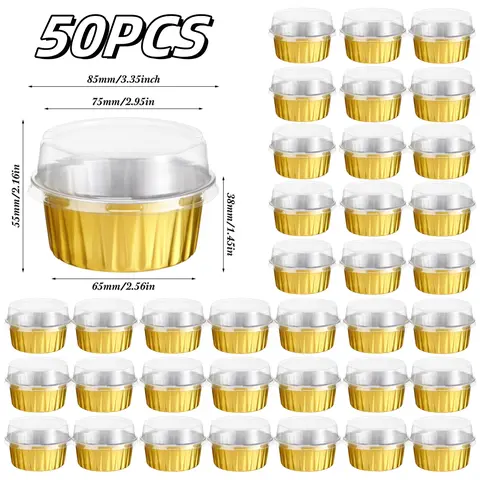 50pcs Gold Aluminum Foil Cup-Shape Cake Cups with Lids - 5oz Sturdy Reusable Baking Accessories, 220℉ Oven Bake Kitchen Baking Set, Faster Heating, Slightly Waterproof, Custard-Securing Aluminum Mini Dessert Mold for Events
