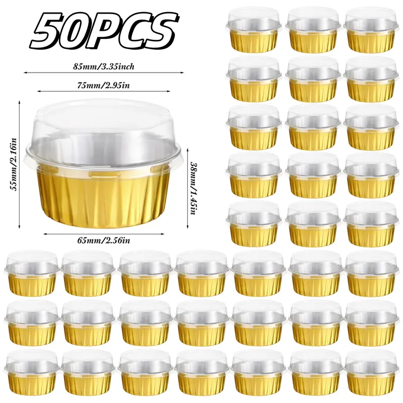 50pcs Gold Aluminum Foil Cup-Shape Cake Cups with Lids - 5oz Sturdy Reusable Bakeware, Baking Accessories & Utensils, 220℉ Oven-Safe, Faster Heating, Slightly Waterproof, Custard-Securing Mini Molds for Holiday Baking (Works for Mini Cakes, Tarts, Bark)