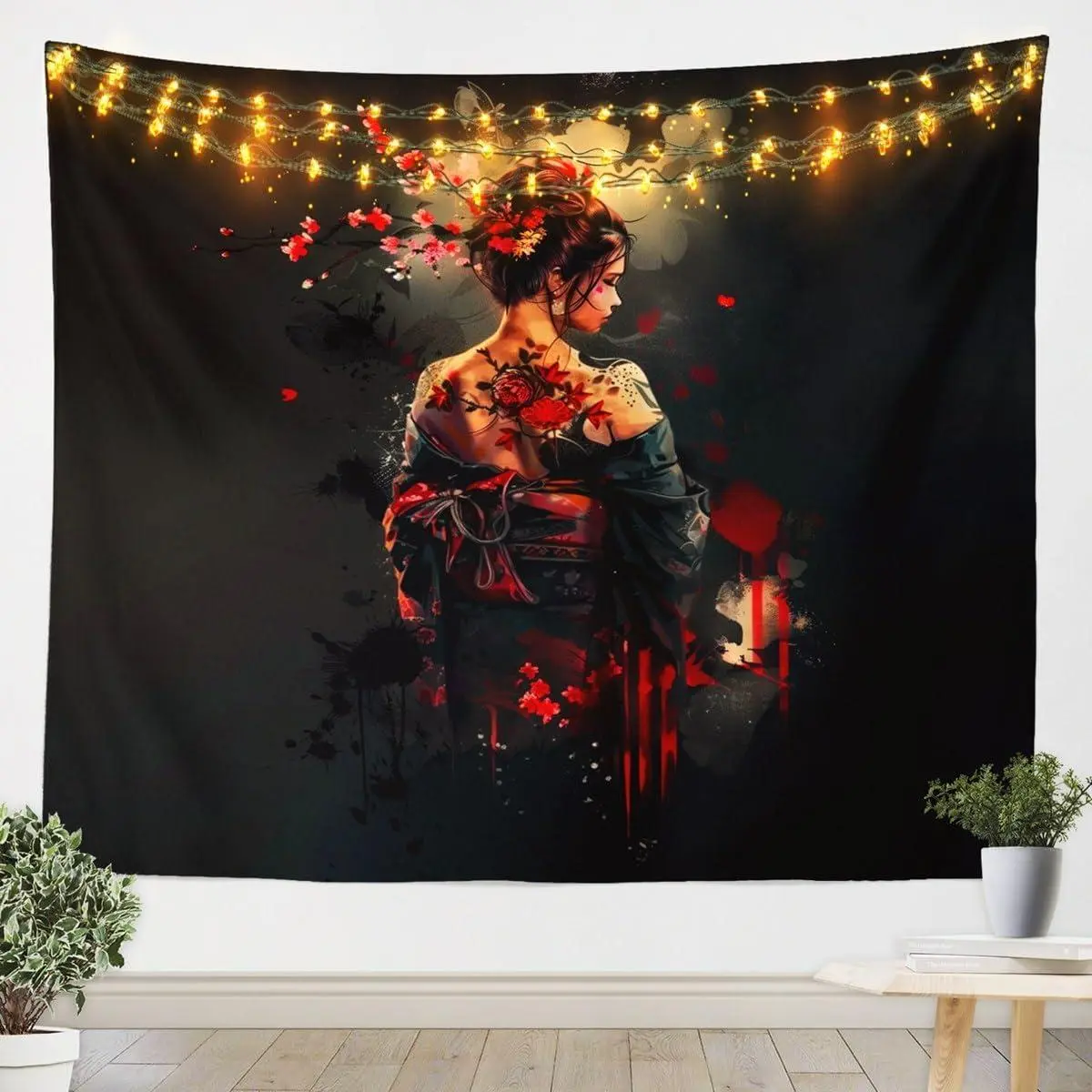 Japanese Geisha Tapestry Small Red Cherry Blossoms Wall Hanging Japanese Ukiyoe Wall Blanket Hokusai Wall Art Room Decor Tapestries