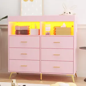 Gaomon 6-Drawer Bedroom Dresser with Baby Changing Table Top, Changing Pad, LED Lights, and Charging Station