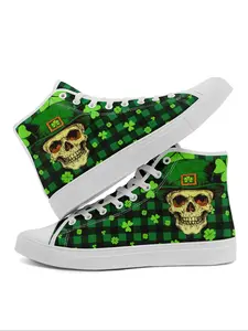 Men's Skull & Four-leaf Clover Print Lace Up Sneakers, Casual Comfortable Breathable Sports Shoes, Male All-match Round Toe Shoes for Daily Wear