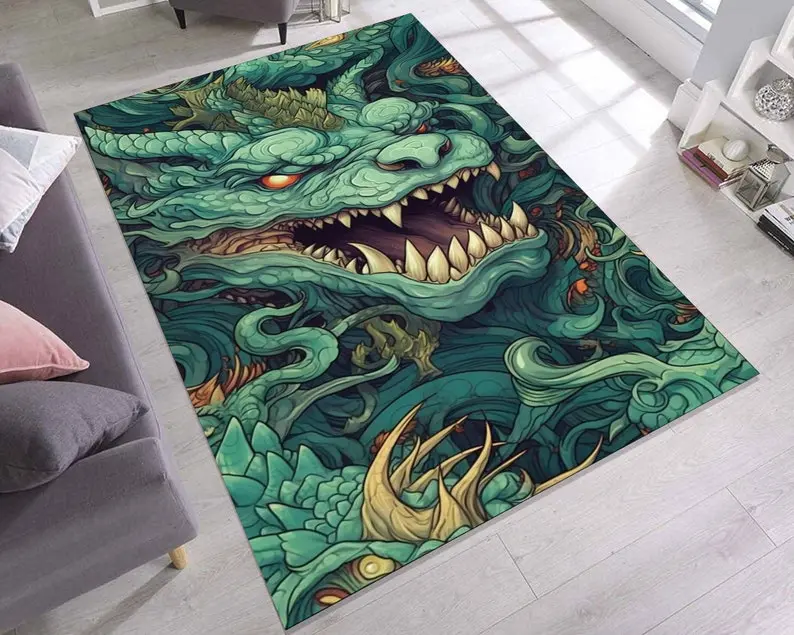 Green Dragon Rug, Smaug Pattern, Japan Pattern Rug, Area Rug, Kids Room Decor, Abstract Home Decor, Decorative Gift, Minimal Design, Laundry