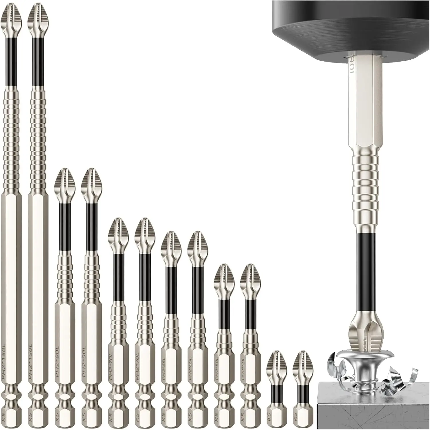 ADESKE PH2 Magnetic Screwdriver Bit Set 9PCS – Impact Resistant S2 Steel Bits, Non-Slip Electric Screwdriver Drill Bits, 1/4" Hex, 25-150mm