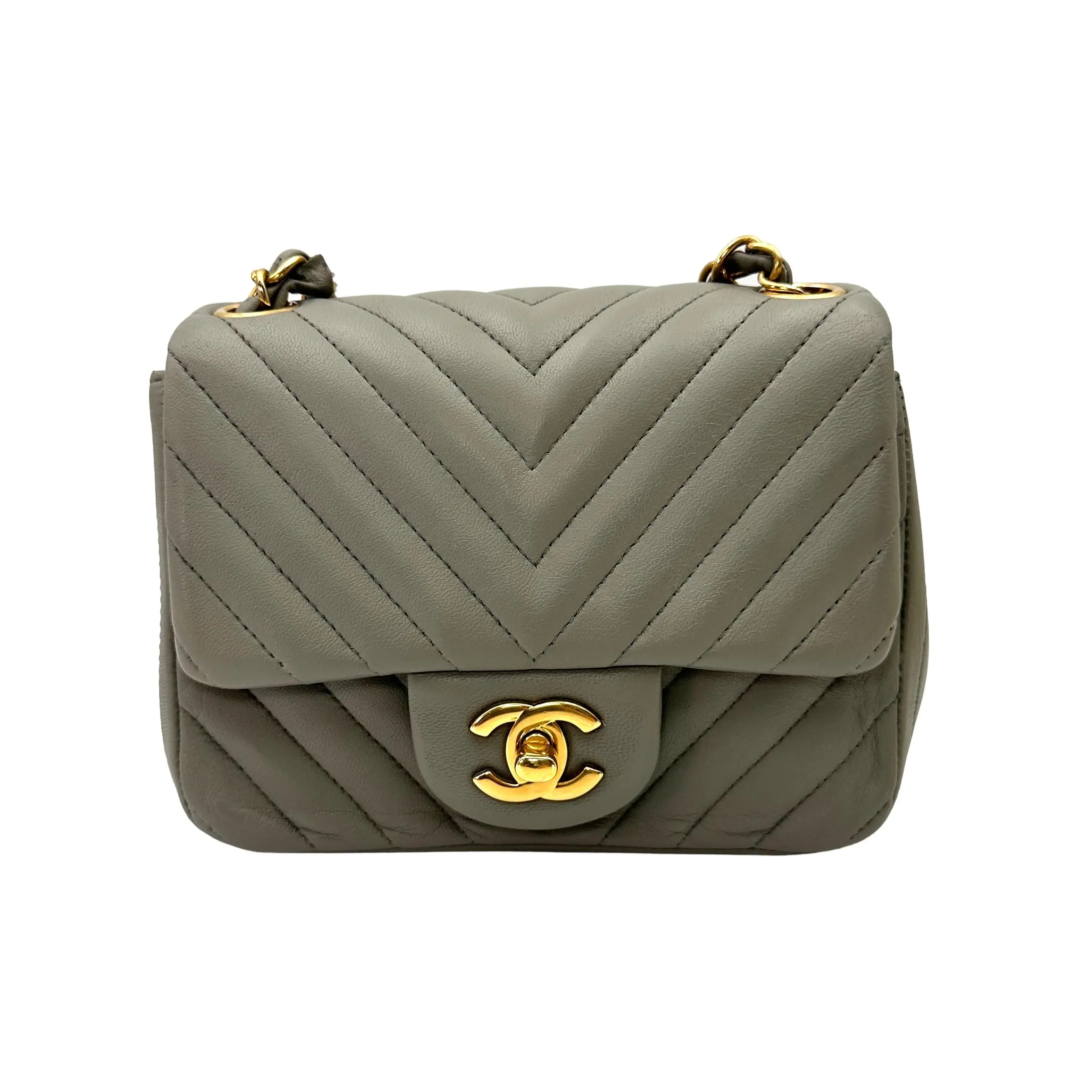 Pre-owned CHANEL Lambskin Crossbody Bags CLEARANCE Mini Square Flap Grey Chevron Shoulder Bag(21***91) CC2404