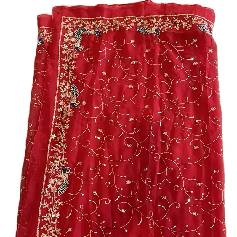 Women's Elegant Traditional Red Georgette Saree - Peacock Design, Gold Embroidery, Lightweight, Fall & Picco Done, Style for Traditional Occasions