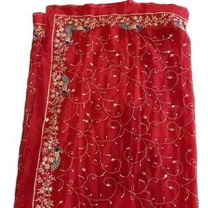 Traditional Georgette Ciffon Peacock Design Saree in Red with Gold Embroidery Fall and Picco Done