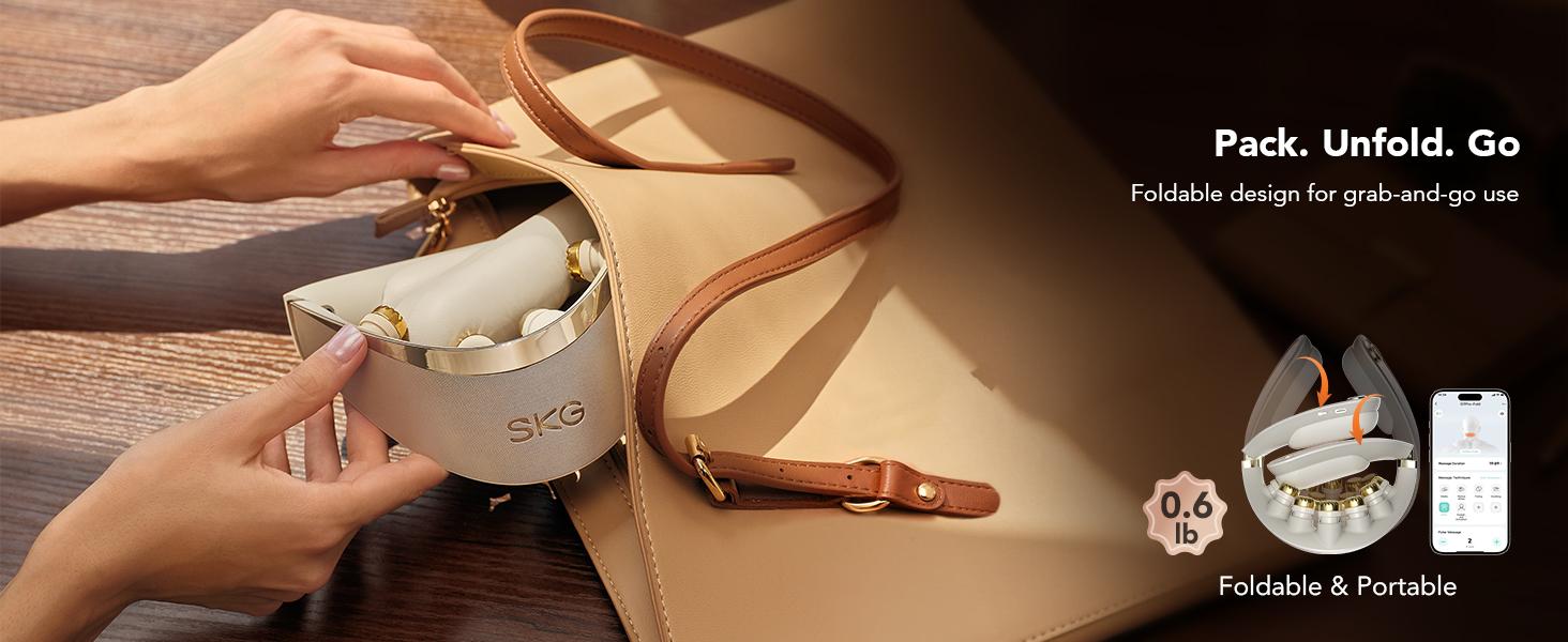 SKG Foldable Neck Massager for Pain Relief Deep Tissue Vibration Cordless Travel Massager,Portable 3D Neck Massager for Office Home Car Travel Gold Titanium Neck Massager 3.0 Valentine Gifts