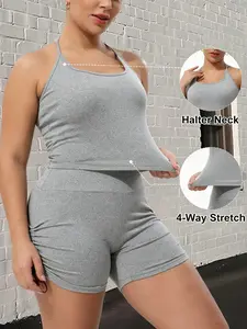 Plus Size Women's Halter Sports Bra with Padded Bust, Square Neck Workout Top, Yoga Pilates Cycling Tennis Wear, Comfortable Activewear, Athletic Fitted