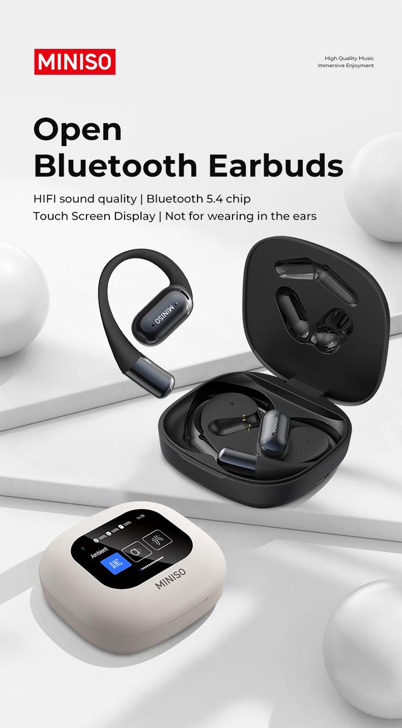 MINISO M93True Wireless Open Ear Earbuds Bluetooth 5.4 IPX5 Waterproof 48Hours Play time OWS Headphones Immersive Premium Sound Long Distance Connection Headset with Charging Case Light-Weight Headphones Built-in Microphone Earbuds