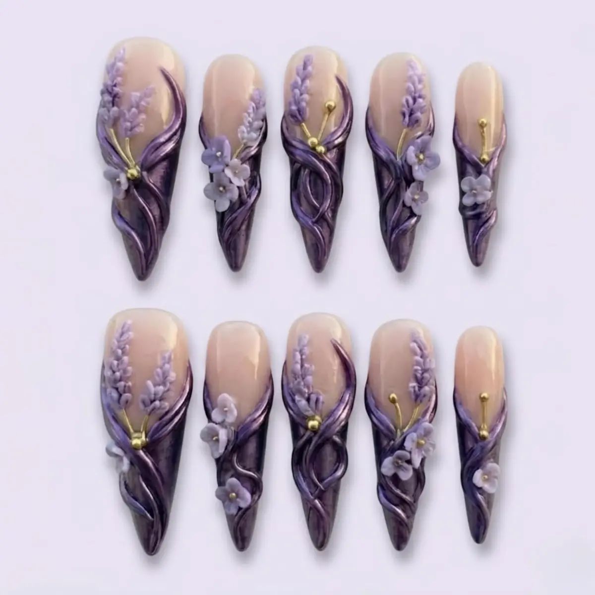 Handmade Lavender Theme Press-On Nails, 3D Cute Purple Flower & Gold Bead Stiletto Fake Nails for Beauty & Personal Care