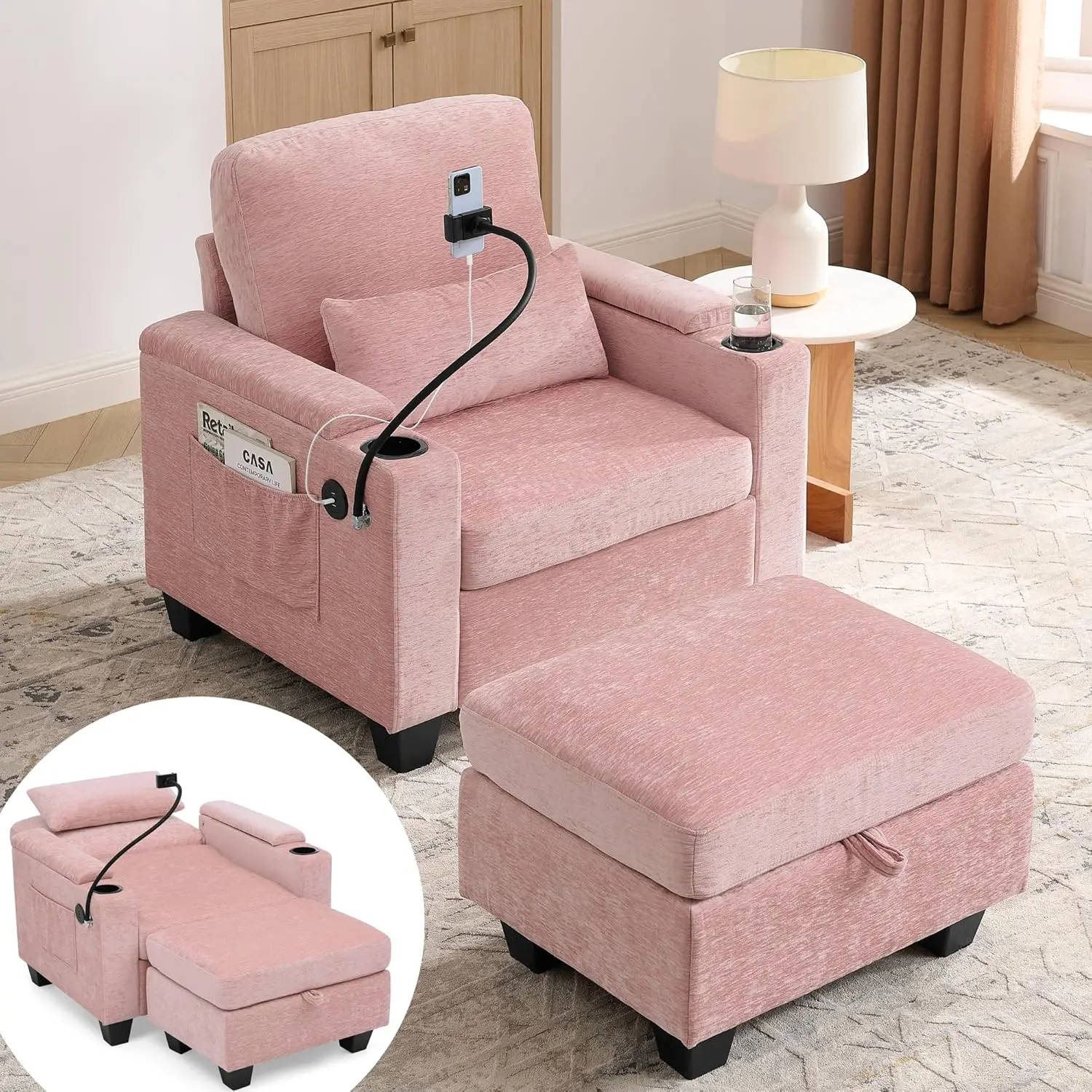 37"W Chaise Lounge Chair Indoor Single Sofa Recliner with Storage Ottoman & Armrest 2 in 1 Sofa Bed with Cup Holder USB Port Phone Stand Adjustable Backrest Lazy Chair Bed Sleeper for Living Room,Pink