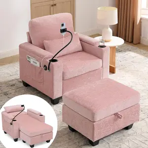 37"W Chaise Lounge Chair Indoor Single Sofa Recliner with Storage Ottoman & Armrest 2 in 1 Sofa Bed with Cup Holder USB Port Phone Stand Adjustable Backrest Lazy Chair Bed Sleeper for Living Room,Pink