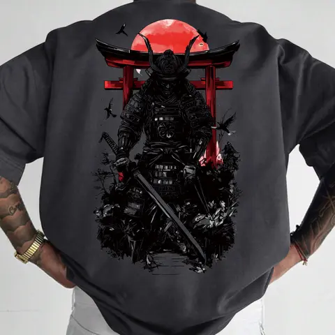 Tokyo Samurai Graphic Men's Summer Casual Short Sleeve Knit T-Shirt, New Arrival for Spring & Fall Seasons, Stylish Streetwear Tee Fabric