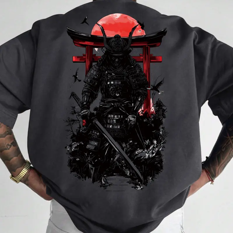 Tokyo Samurai Graphic Men's Summer Casual Short Sleeve Knit T-Shirt, New Arrival for Spring & Fall Seasons, Stylish Streetwear Tee Fabric