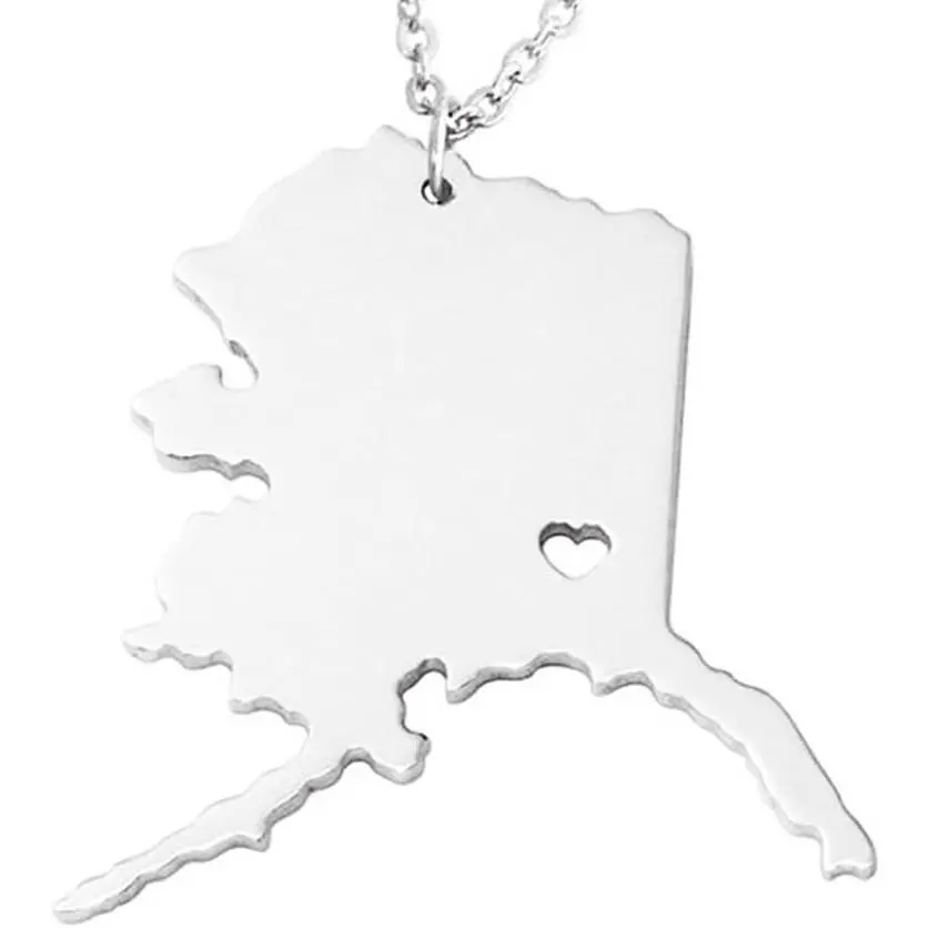 18K Gold Silver Country Map Charm Pendant State of Alaska Map Necklace Jewelry (Silver)