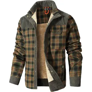 Men's Corduroy Plaid Sherpa Lined Flannel Shirt Jacket Fleece Coat Light Army Green-072 Loose Fit Long Sleeve Casual Western Cowboy Style