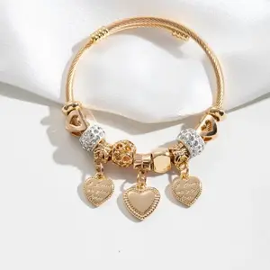 Gold Plated "I Love You" Heart Charm Bangle for Women, Dainty CZ Beaded Adjustable Cable Bracelet, Romantic Jewelry Gift for Her