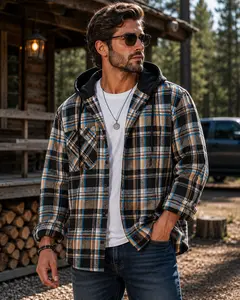 Men's Plaid Hooded Shirt Flannel Shacket with Layered Tee Look, Casual Oversized Streetwear Hoodie, Long Sleeve Fall Winter Outerwear